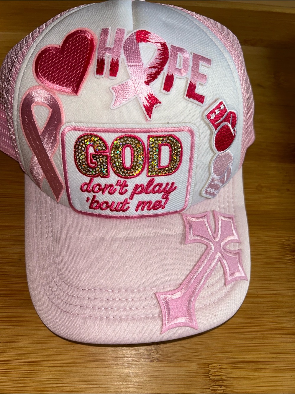 Pink 'GOD don't play 'bout me' Embellished Trucker Hat